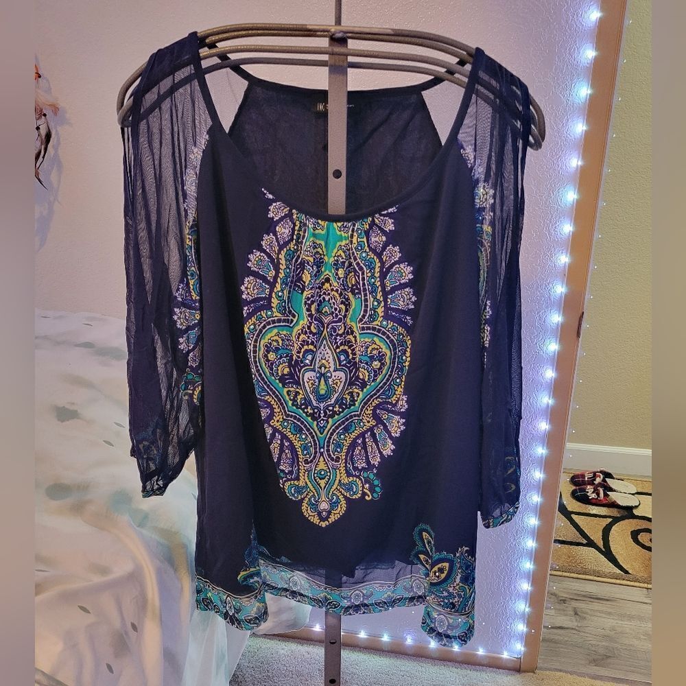 INC International Concepts Navy Blue Sheer Sleeve Paisley Blouse